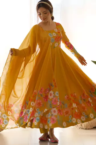 Mustard festive wear designer heavy pure soft organza silk  readymade suit