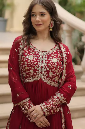 Maroon festive wear designer faux blooming rich sequins with embroidered work readymade suit