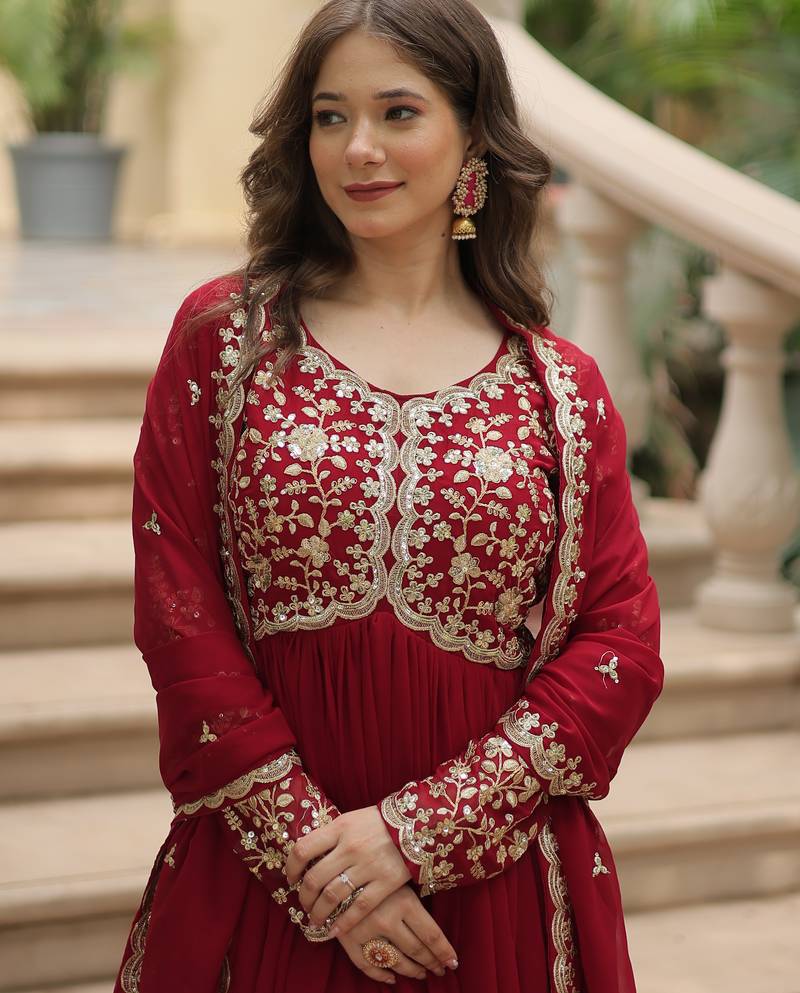 Maroon festive wear designer faux blooming rich sequins with embroidered work readymade suit