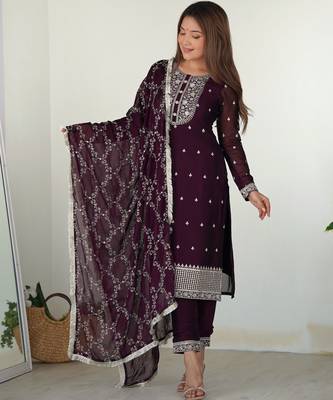 Wine festive wear designer pure blooming rangoli silk  readymade suit 1