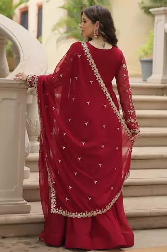 Maroon festive wear designer faux blooming rich sequins with embroidered work readymade suit