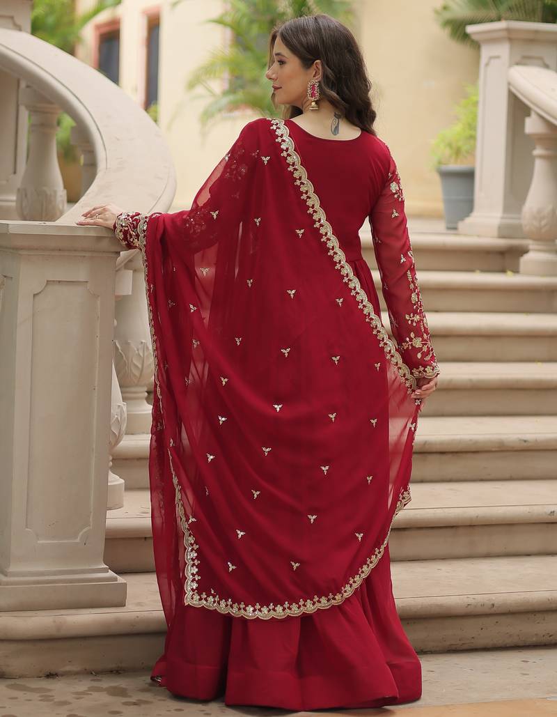 Maroon festive wear designer faux blooming rich sequins with embroidered work readymade suit