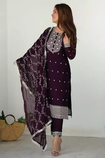 Wine festive wear designer pure blooming rangoli silk  readymade suit