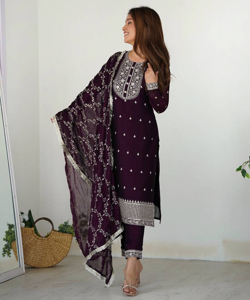 Wine festive wear designer pure blooming rangoli silk  readymade suit