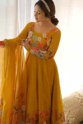 Mustard festive wear designer heavy pure soft organza silk  readymade suit