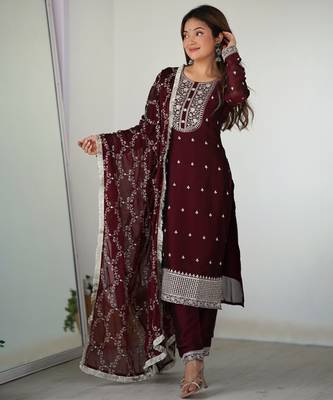 Maroon festive wear designer pure blooming rangoli silk  readymade suit 1