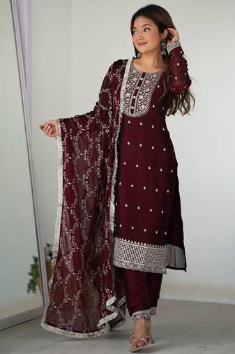 Maroon festive wear designer pure blooming rangoli silk  readymade suit