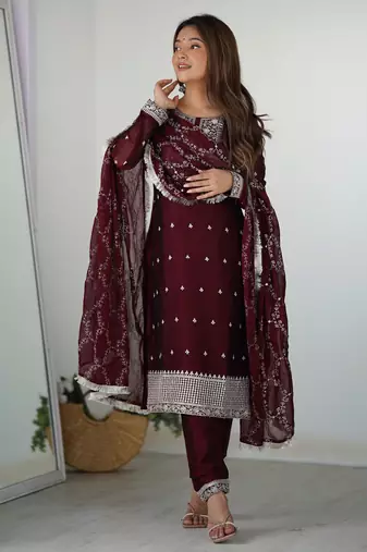 Maroon festive wear designer pure blooming rangoli silk  readymade suit