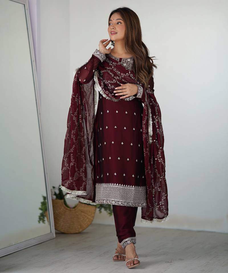 Maroon festive wear designer pure blooming rangoli silk  readymade suit
