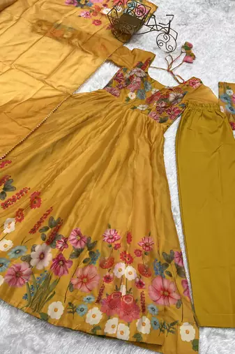 Mustard festive wear designer heavy pure soft organza silk  readymade suit