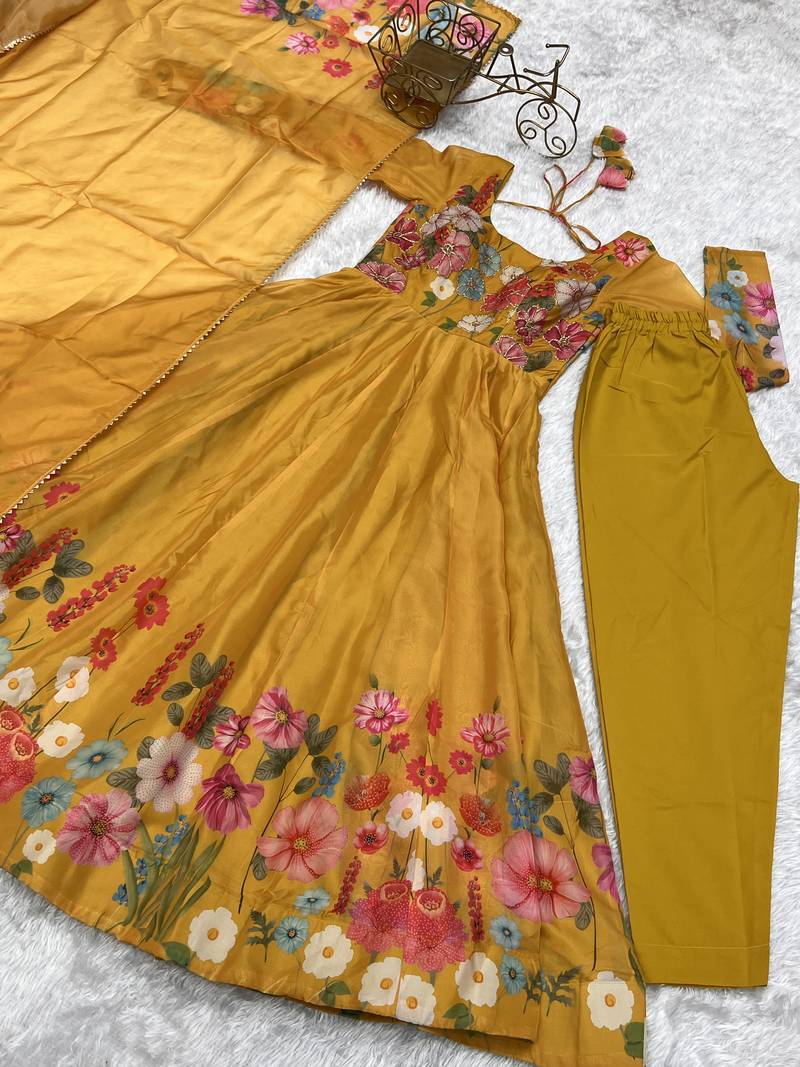 Mustard festive wear designer heavy pure soft organza silk  readymade suit