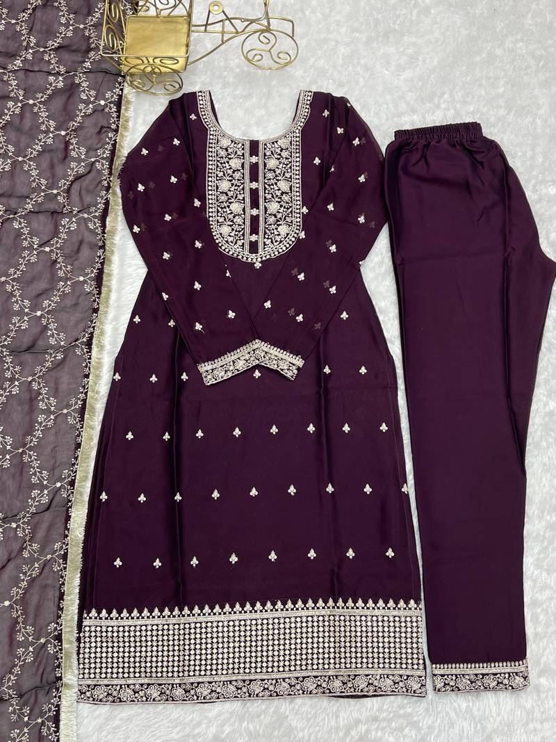Wine festive wear designer pure blooming rangoli silk  readymade suit