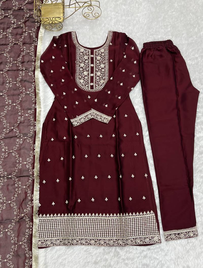 Maroon festive wear designer pure blooming rangoli silk  readymade suit