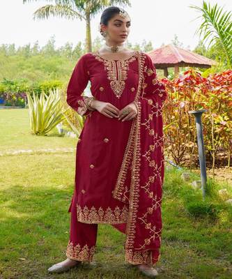 Red festive wear designer chinon  readymade suit 1