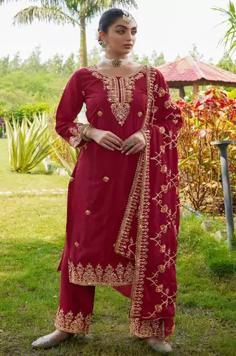 Red festive wear designer chinon  readymade suit