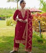 Red festive wear designer chinon  readymade suit