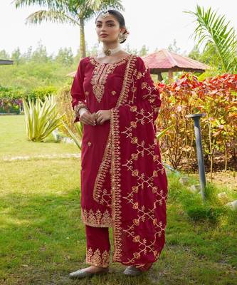 Red festive wear designer chinon  readymade suit 2
