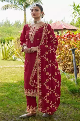 Red festive wear designer chinon  readymade suit