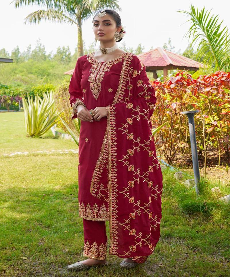 Red festive wear designer chinon  readymade suit