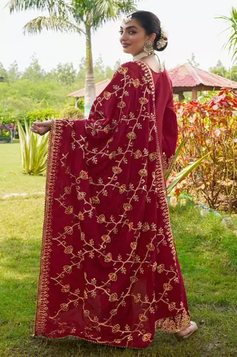 Red festive wear designer chinon  readymade suit