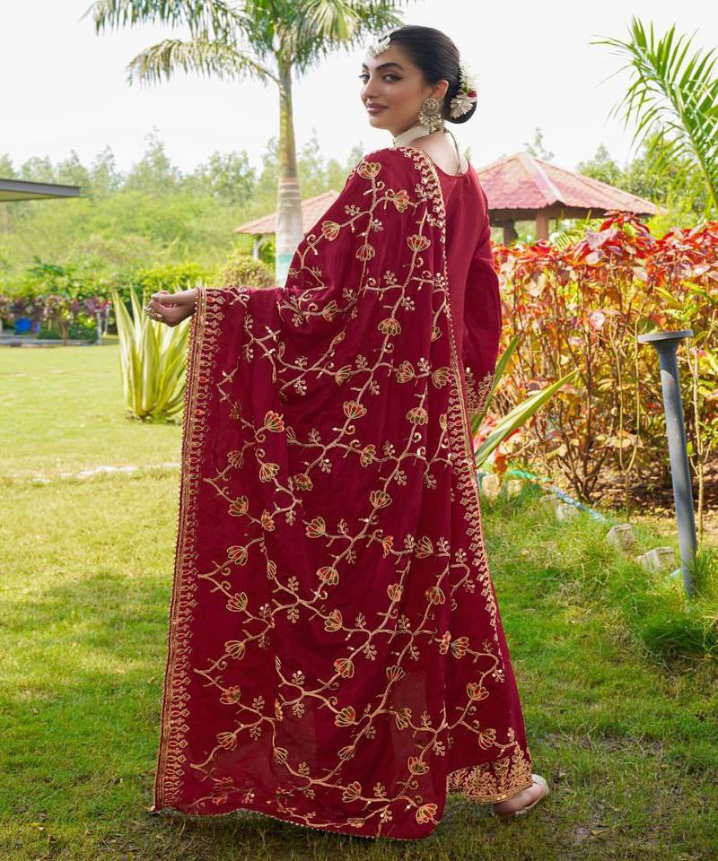 Red festive wear designer chinon  readymade suit