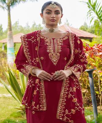 Red festive wear designer chinon  readymade suit 4