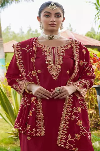 Red festive wear designer chinon  readymade suit