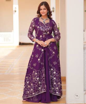 Purple festive wear designer fox georgette heavy sequence embroidery work readymade suit 1