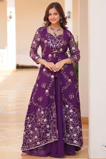 Purple festive wear designer fox georgette heavy sequence embroidery work readymade suit