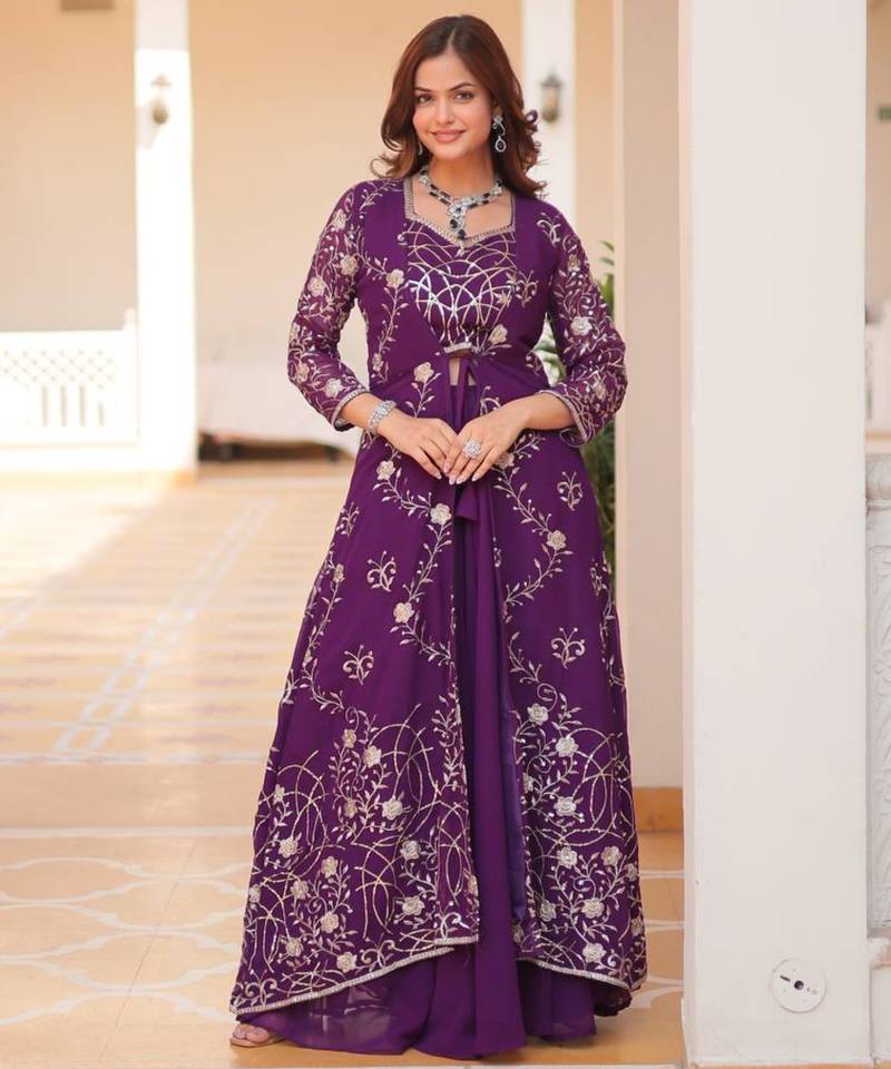 Purple festive wear designer fox georgette heavy sequence embroidery work readymade suit