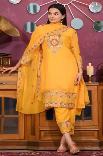 Yellow festive wear designer  fox georgette heavy embroidery sequence work readymade suit