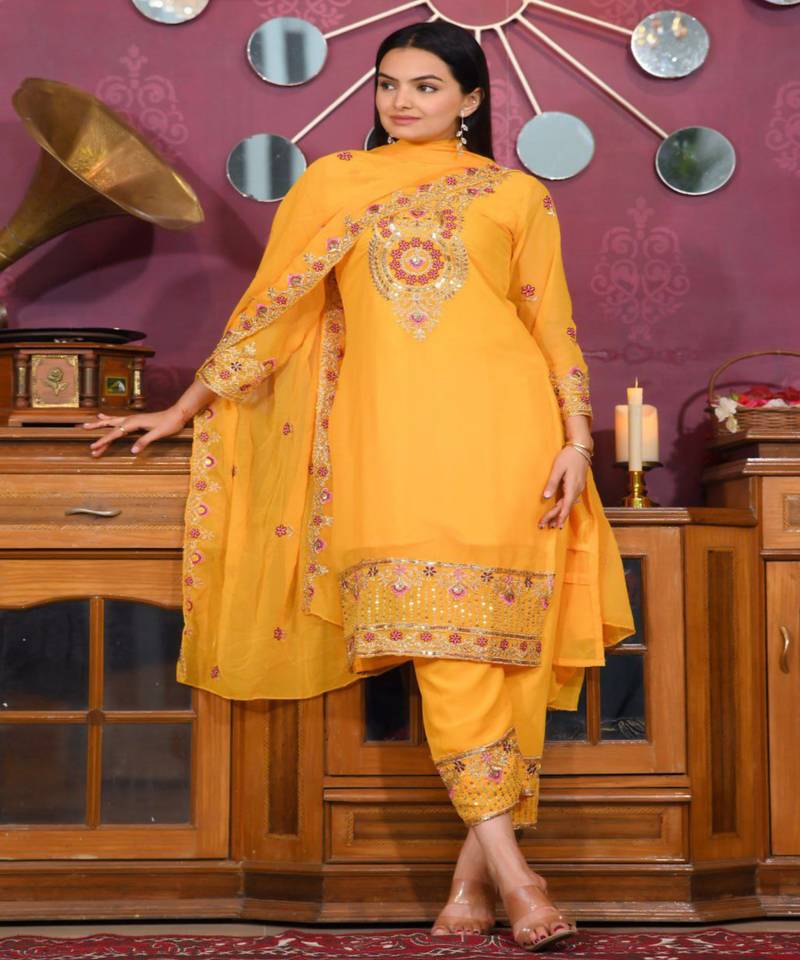 Yellow festive wear designer  fox georgette heavy embroidery sequence work readymade suit