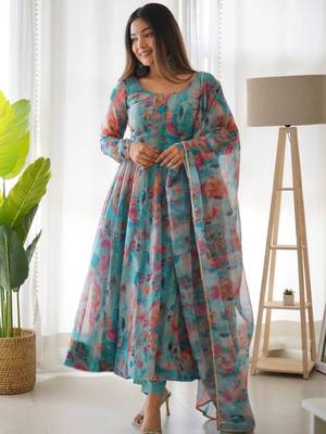 Multi festive wear designer heavy pure soft tabby organza silk flower print work readymade suit 1
