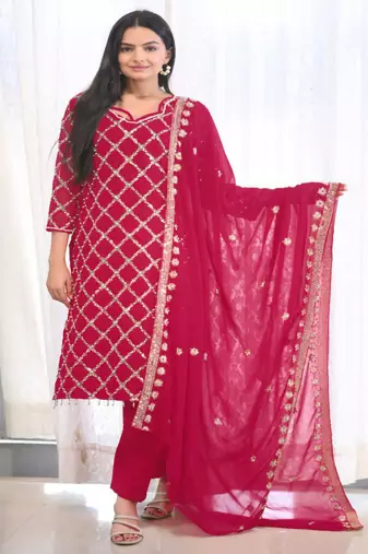 Red festive wear designer  fox georgette heavy embroidery sequence work readymade suit