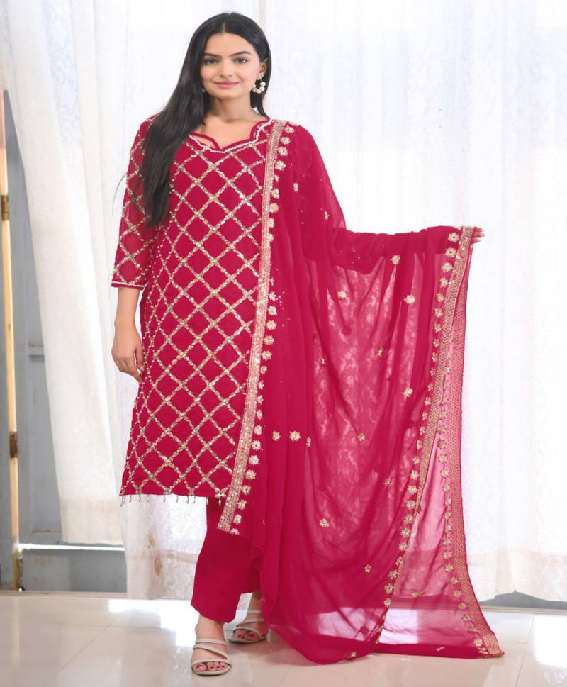 Red festive wear designer  fox georgette heavy embroidery sequence work readymade suit