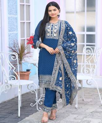 Teal festive wear designer  fox georgette heavy embroidery sequence work readymade suit 1