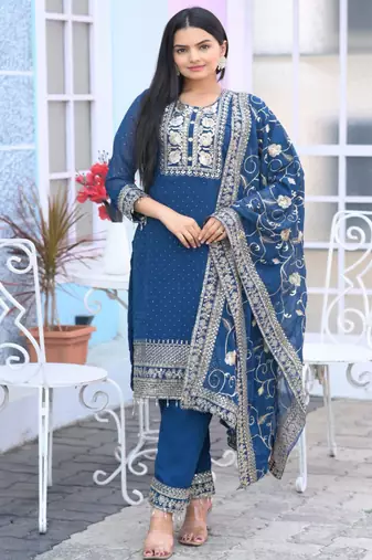 Teal festive wear designer  fox georgette heavy embroidery sequence work readymade suit