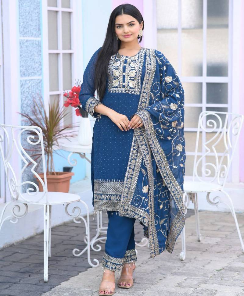 Teal festive wear designer  fox georgette heavy embroidery sequence work readymade suit