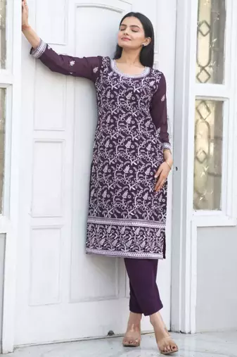 Wine festive wear designer fox georgette  readymade suit