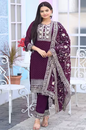 Wine festive wear designer  fox georgette heavy embroidery sequence work readymade suit