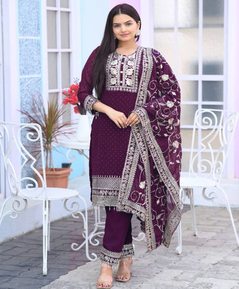 Wine festive wear designer  fox georgette heavy embroidery sequence work readymade suit