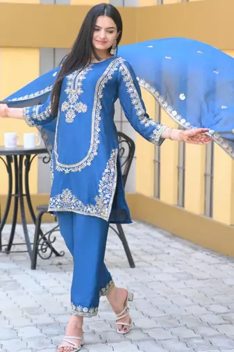 Blue festive wear designer chinon heavy embroidery sequence work readymade suit
