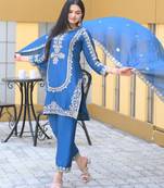 Blue festive wear designer chinon heavy embroidery sequence work readymade suit