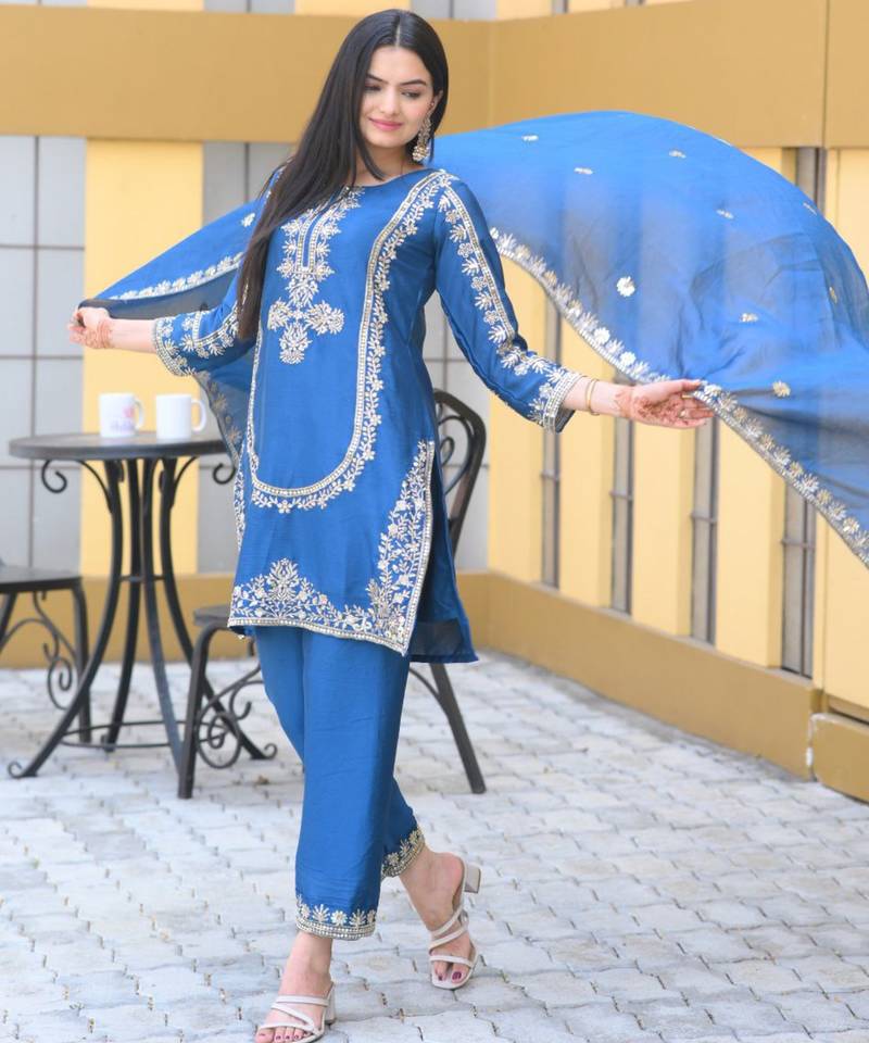Blue festive wear designer chinon heavy embroidery sequence work readymade suit