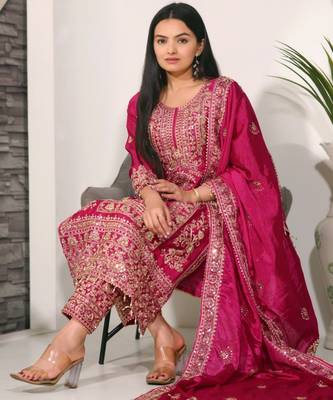 Rani pink festive wear designer chinon heavy embroidery sequence work readymade suit 1