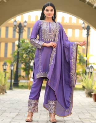 Lavender festive wear designer chinon heavy embroidery sequence work readymade suit 1