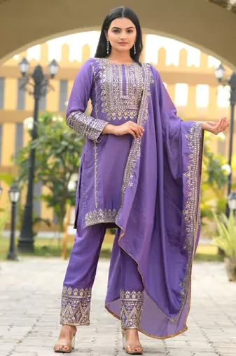 Lavender festive wear designer chinon heavy embroidery sequence work readymade suit