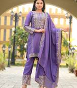Lavender festive wear designer chinon heavy embroidery sequence work readymade suit