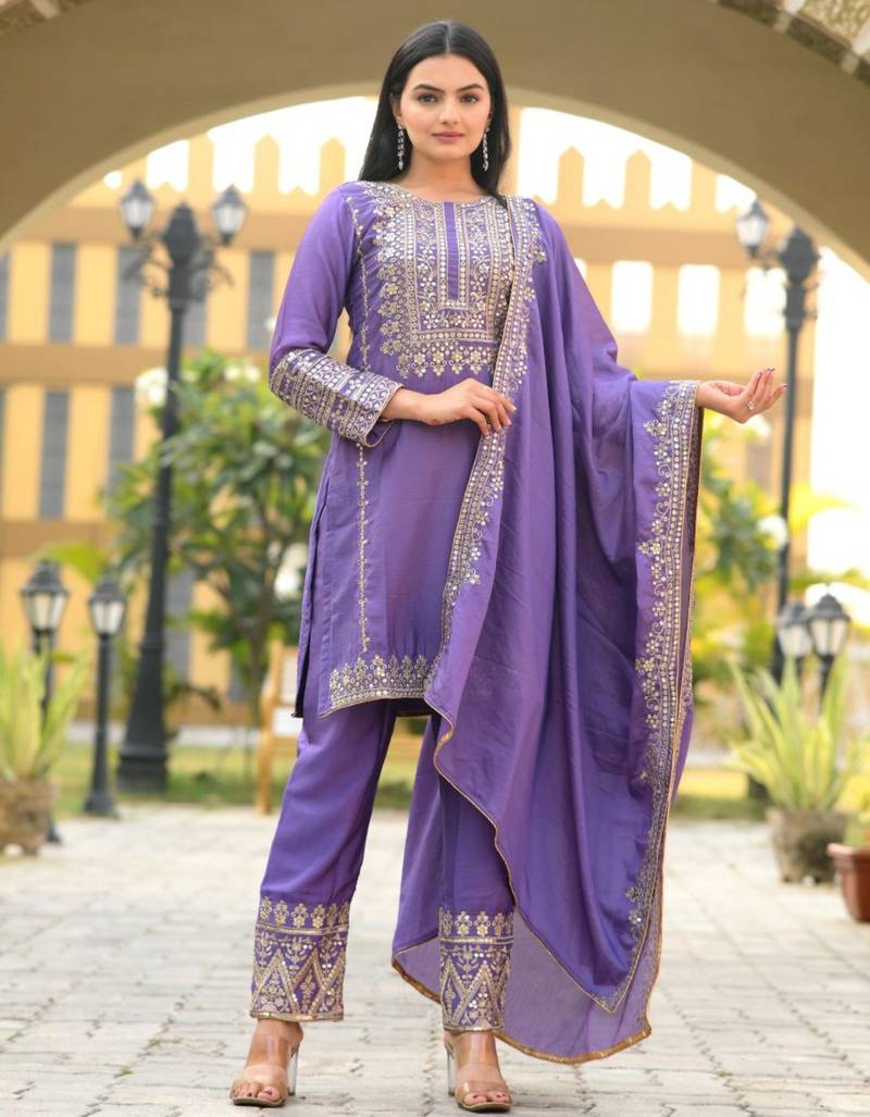 Lavender festive wear designer chinon heavy embroidery sequence work readymade suit