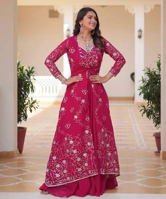 Rani pink festive wear designer fox georgette heavy sequence embroidery work readymade suit 1